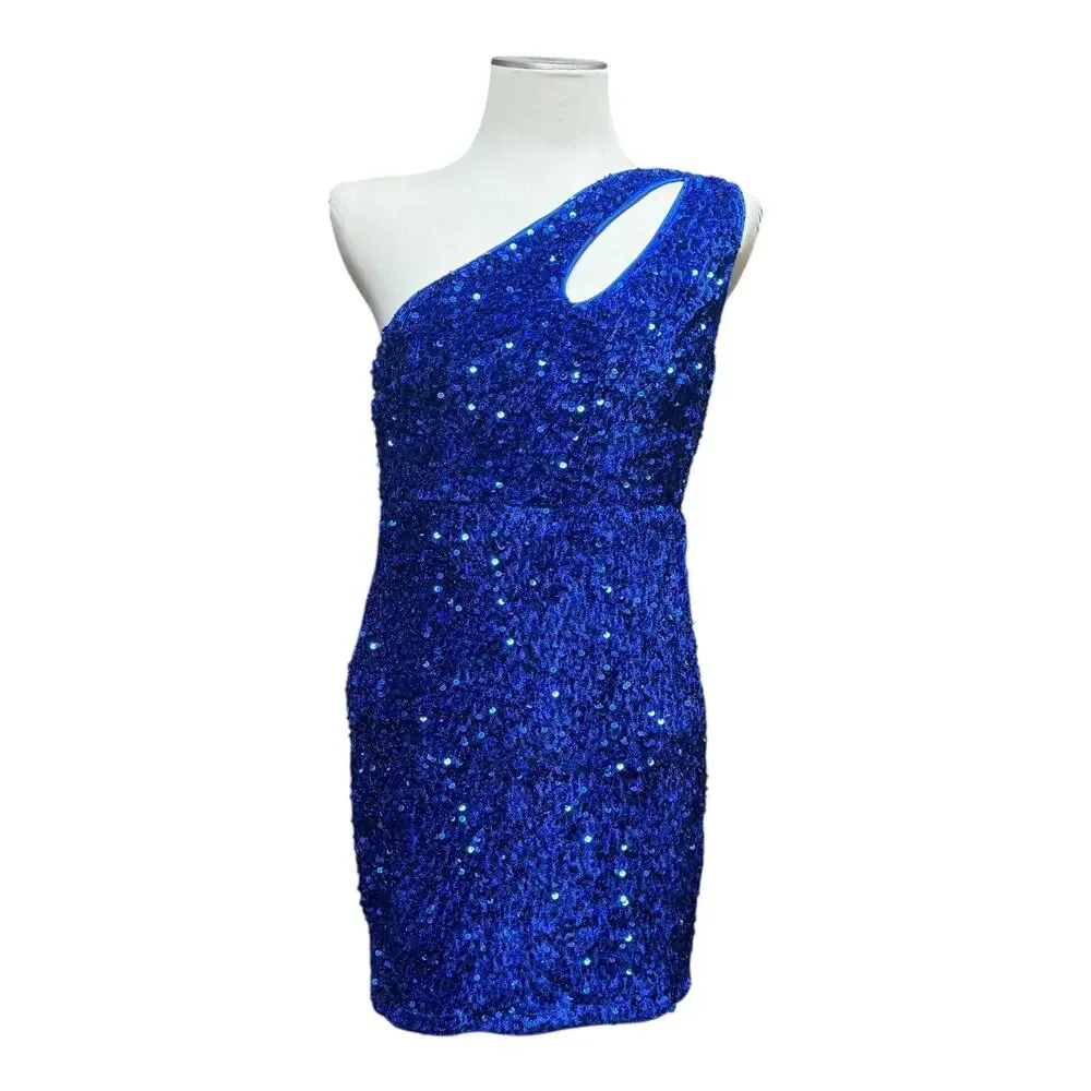 One Shoulder Velvety Sequin Mini Dress Blue Medium